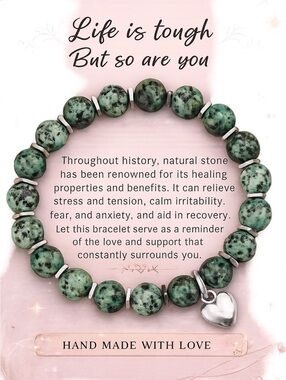 Green Natural Stone Beaded Bracelet Womens Silver Heart Charm Jewelry Gift New